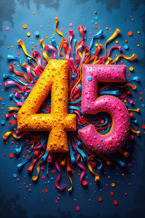 A colorful birthday celebration for the 45th birthday, featuring festive numbers decorated with sprinkles and surrounded by confetti and streamers on a dark background.の素材