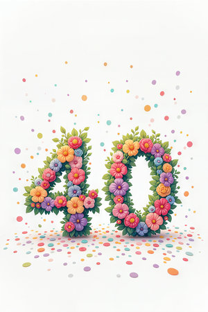 A festive 40th birthday illustration featuring the number 40 crafted from colorful flowers and green leaves, set against a white background with scattered confetti.の素材