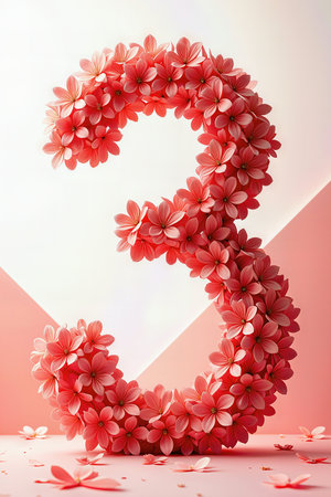 A 3rd birthday celebration with a floral number three made of pink flowers on a pink and white background.の素材