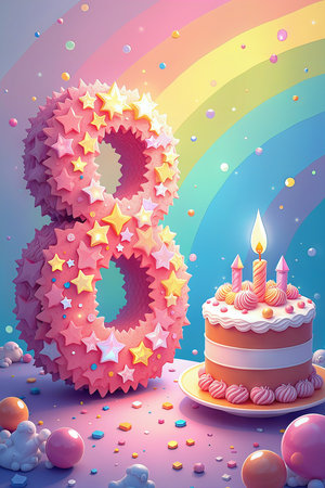 A vibrant 8th birthday scene featuring a large number eight made of stars, a decorated cake with lit candles, and a rainbow backdrop.の素材