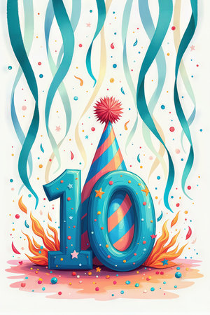 A vibrant 10th birthday scene featuring a colorful party hat atop the number 10, with confetti and streamers in the background.の素材