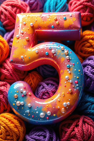 A vibrant number 5 birthday candle decorated with pearls and glitter, set against a background of multicolored yarn balls.の素材