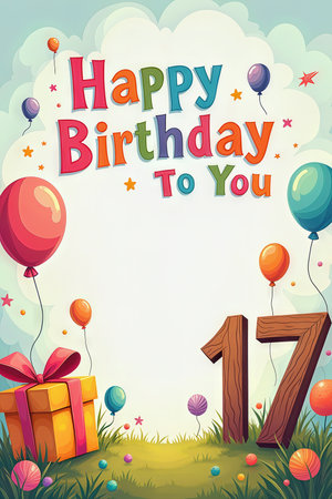 A vibrant birthday card celebrating a 17th birthday, featuring colorful balloons, a gift box, and the number 17 made of wood, set against a sky and grass background.の素材