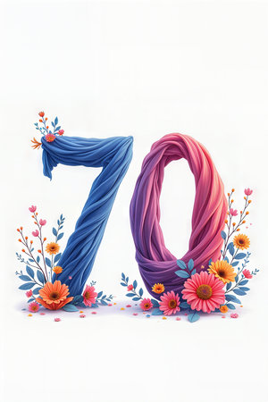 Celebrating a 70th birthday, the numbers 70 are crafted from colorful, twisted fabric adorned with bright flowers and foliage on a white background.の素材