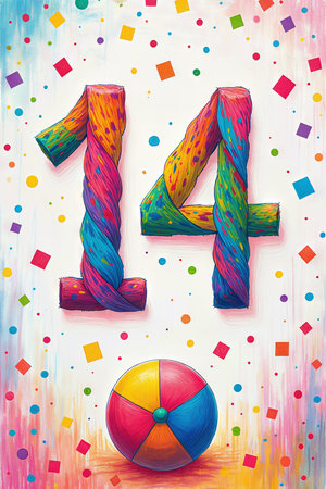 A vibrant 14th birthday celebration scene featuring a multicolored beach ball and confetti on a pastel background.の素材