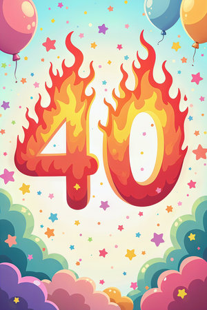 The image depicts a vibrant 40th birthday celebration with the number 40 in fiery style, surrounded by colorful balloons and stars on a light blue background.の素材