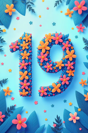 Celebrating a 19th birthday, the number 19 is crafted from colorful flowers and leaves against a bright blue backdrop adorned with scattered flowers and stars.の素材
