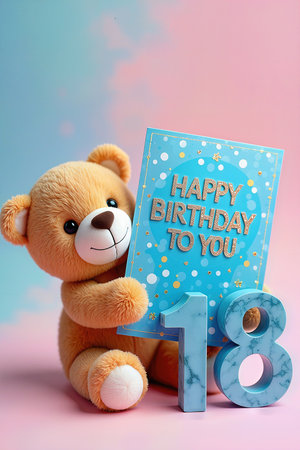 A cute teddy bear holding a Happy Birthday to You card for an 18th birthday celebration against a pink and blue background.の素材