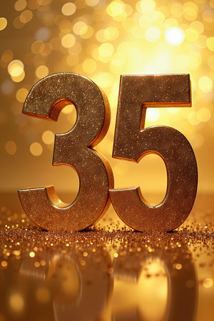 A glittering golden 35 decoration for a 35th birthday celebration, set against a shimmering gold bokeh background.の素材