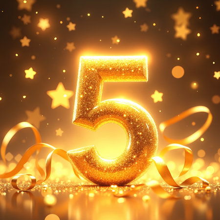 A glittering golden number 5 surrounded by stars, ribbons, and sparkles, creating a festive atmosphere with a dark background.の素材