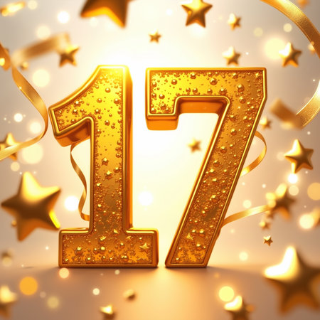 Golden number 17 adorned with stars, surrounded by ribbons and bokeh lights, creating a festive atmosphere.の素材