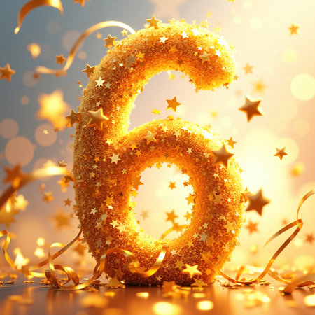 A glittering golden number 6 surrounded by stars, confetti, and ribbons, shining brightly.の素材