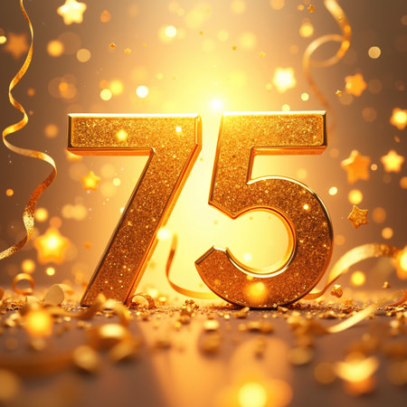 Large gold 75 surrounded by confetti and streamers, shiny and celebratory.の素材