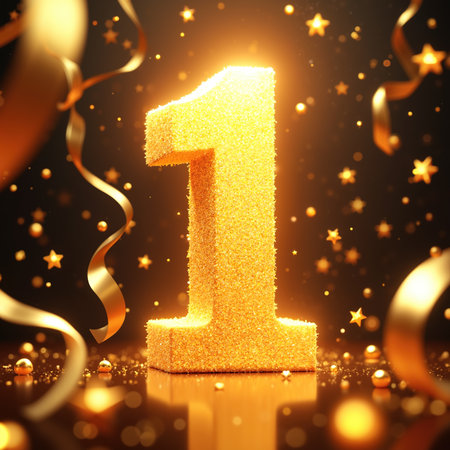 A large, shiny gold number one surrounded by stars and ribbons on a dark background.の素材