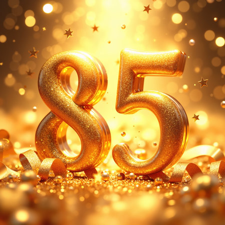 Golden numbers 85 sparkle amidst confetti, stars, and bokeh lights, creating a festive atmosphere.の素材