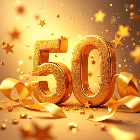 Golden 50 with glittering texture, surrounded by stars, ribbons, and confetti, creating a festive atmosphere.の素材
