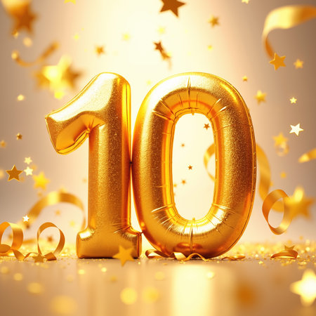 Golden balloons in the shape of the number 10 surrounded by confetti and stars, shining brightly.の素材