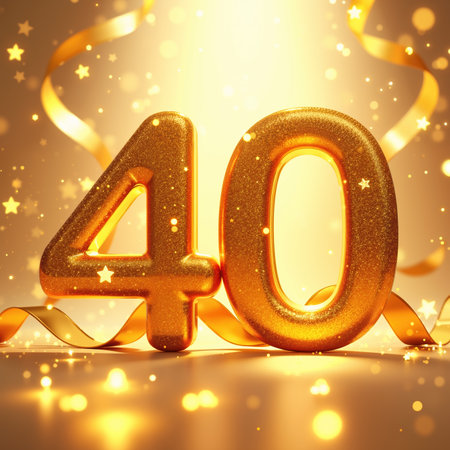 Golden '40' with sparkles, stars, and ribbons, shining brightly on a golden background.の素材