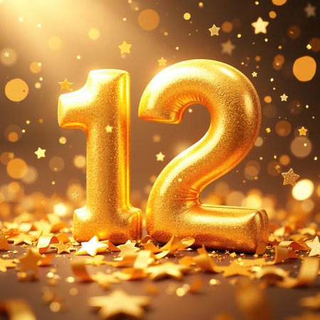 Golden balloon number 12 surrounded by gold confetti and stars, shining brightly.の素材