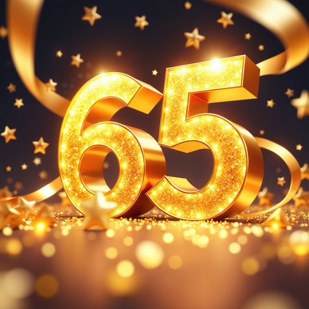 Golden 65 with glittering lights, surrounded by stars and swirling ribbons on a dark background with bokeh lights.の素材