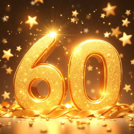 Golden 60 with glittering texture, surrounded by stars, ribbons, and confetti, creating a festive atmosphere with bright lights and shiny elements.の素材
