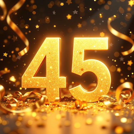 A 3D golden 45 surrounded by glitter, stars, and ribbons on a dark background, creating a festive atmosphere.の素材