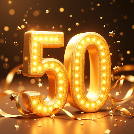 Golden 50 with lights, surrounded by stars and ribbons, on a dark background with bokeh lights.の素材