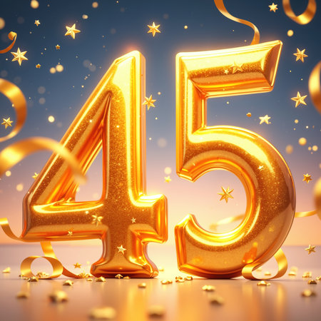 Large shiny gold balloons display 45 surrounded by stars, ribbons, and confetti.の素材