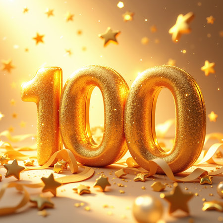 Large golden 100 surrounded by stars, confetti, and ribbons, shining brightly.の素材