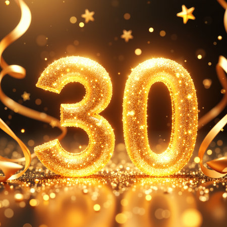 Glittering gold 30 surrounded by golden ribbons, stars, and sparkles on a dark background, creating a celebratory atmosphere.の素材