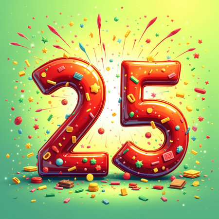 Large red 25 with candies and confetti, surrounded by colorful stars and sweets on a green background.の素材