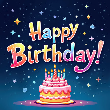 A vibrant cake with pink icing, red berries, and multicolored candles, surrounded by pastel stars and dots on a blue background.の素材