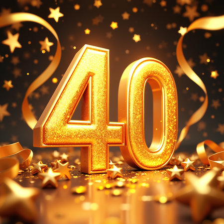 Golden 40 surrounded by stars, ribbons, and confetti, creating a festive atmosphere.の素材