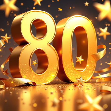 Large gold 80 surrounded by stars, ribbons, and sparkles on a dark background with reflections.の素材