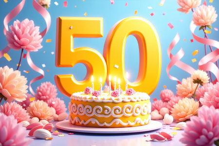The scene shows a yellow cake with white frosting and pink roses on top, surrounded by pink flowers, ribbons, and confetti, celebrating a 50th birthday with large gold numbers 50 behind the cake.の素材