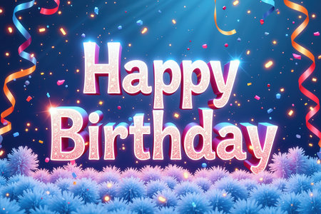 Glowing Happy Birthday text surrounded by colorful confetti, ribbons, and blue foliage against a dark blue background with sparkling lights.の素材