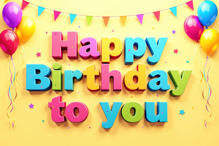 Vibrant Happy Birthday To You text in pink, blue, green, and yellow 3D letters on a bright yellow background with multicolored balloons, streamers, and a festive bunting.の素材