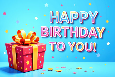 Gift box with gold bow on blue background with confetti and stars. Happy Birthday message.の素材