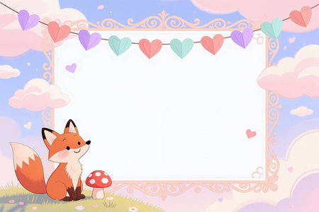 A cute cartoon fox sits beside a mushroom, surrounded by a heart garland and ornate frame, in a whimsical, pastel-colored landscape.の素材