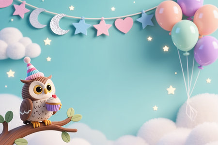 An owl with a cupcake and party hat sits on a branch, surrounded by a whimsical scene with clouds, stars, and balloons. A garland with moons, stars, and hearts hangs above.の素材