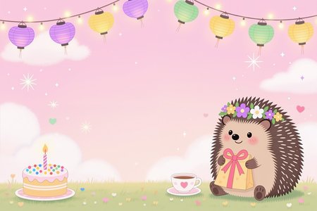 A hedgehog with a flower crown holds a gift, sitting next to a cup of tea and a cake with a lit candle, surrounded by colorful lanterns and confetti on a pink background with fluffy clouds.の素材