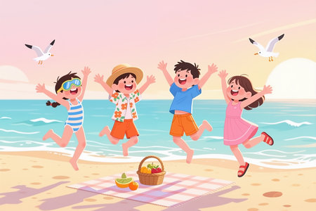Four joyful children leap on a sunny beach, arms raised, with a picnic setup and seagulls flying overhead, against a pink and yellow sky with turquoise water.の素材