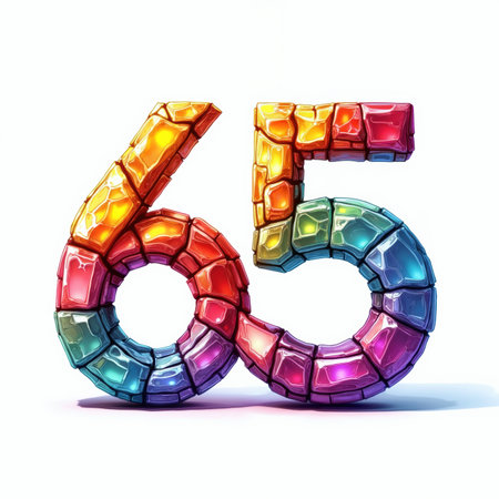The number 65 is illustrated as a mosaic of colorful gemstones, shining brightly against a white background, perfect for a 65th birthday card.の素材