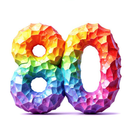 The number 80 is a colorful, gemstone-like illustration on a white background, perfect for a birthday card, featuring a rainbow effect.の素材