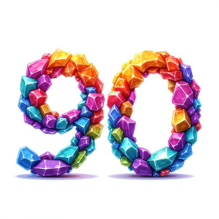 The number 90 is creatively formed by multicolored gemstones on a white background, making it a vibrant illustration for a birthday card.の素材