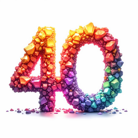 Vibrant gemstones in shades of orange, pink, purple, and green create the number 40 on a white background, perfect for a birthday card illustration.の素材