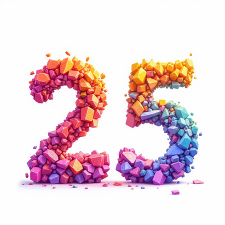 Vibrant gemstones create the number 25 on a white background, a birthday card illustration. The stones are scattered, giving a dynamic feel to the image.の素材