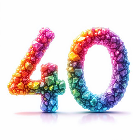 The number 40 is depicted as a colorful, gemstone-encrusted numeral on a white background, perfect for a birthday card illustration.の素材