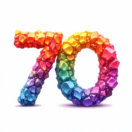The number 70 is made up of colorful gemstones on a white background, creating a beautiful birthday illustration.の素材