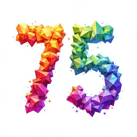 The number 75 is a colorful, geometric illustration on a white background, made up of rainbow-colored polyhedral shapes and sparkling stars, perfect for a 75th birthday card.の素材